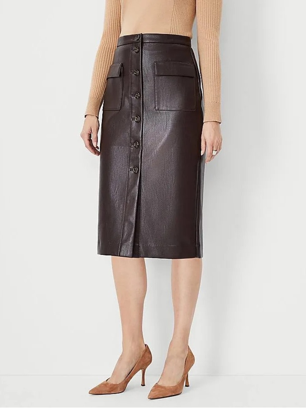 Pebbled Faux Leather Button Pocket Pencil Skirt